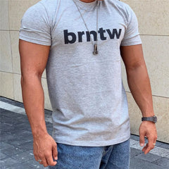 Reflective letter sports short sleeved men's T-shirt trendy brand fitness and leisure round neck muscle type casual iron rolling exercise plus size