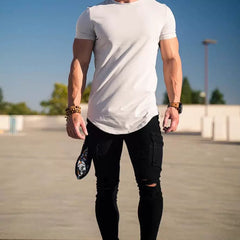 Solid color new sports short sleeved men's T-shirt, fitness stretch muscle training, iron dog brothers, plus size American trendy brand