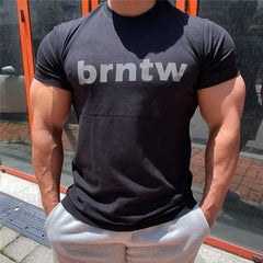Reflective letter sports short sleeved men's T-shirt trendy brand fitness and leisure round neck muscle type casual iron rolling exercise plus size