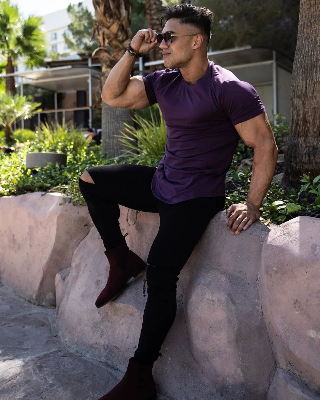 Solid color new sports short sleeved men's T-shirt, fitness stretch muscle training, iron dog brothers, plus size American trendy brand