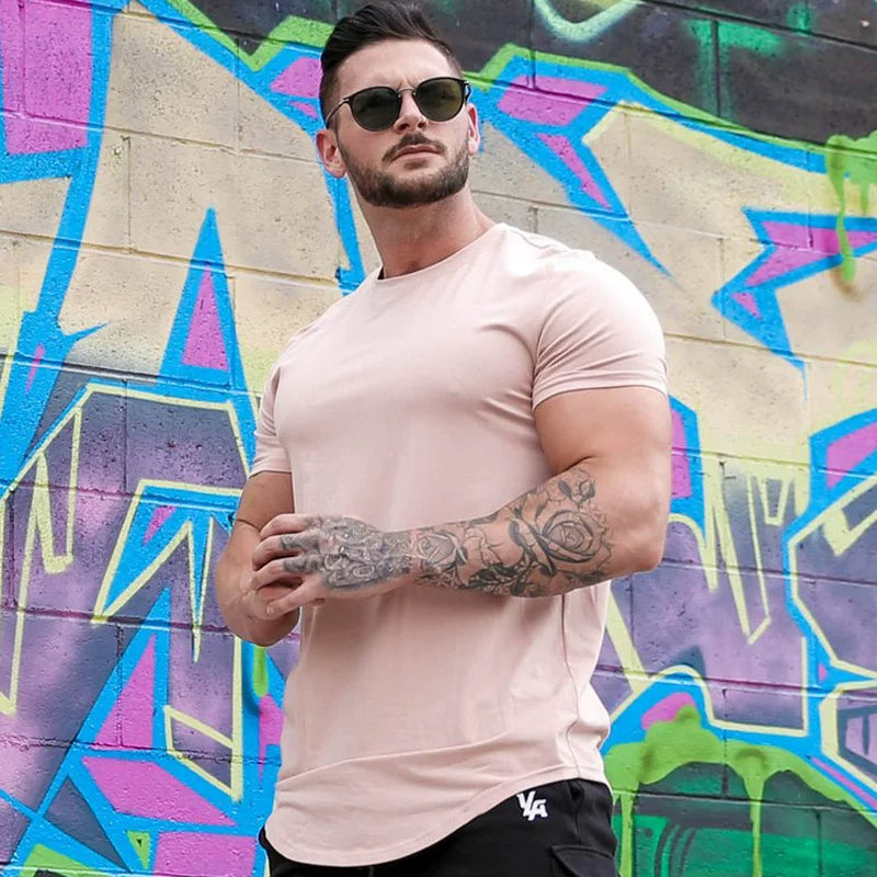 Solid color new sports short sleeved men's T-shirt, fitness stretch muscle training, iron dog brothers, plus size American trendy brand