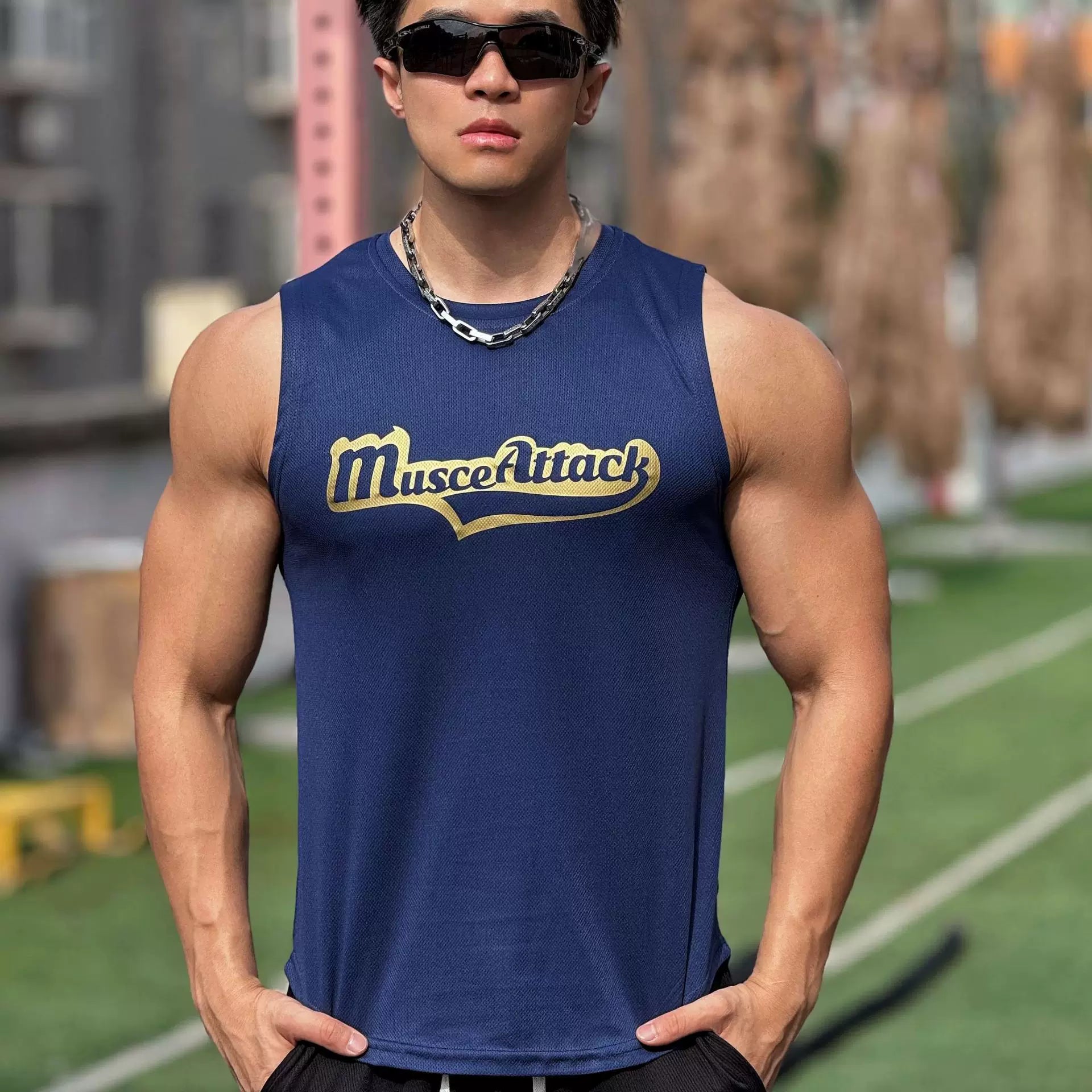 Sports shoulder men's vest sleeveless breathable elastic quick drying fitness suit, running training muscle, iron dog, American trend