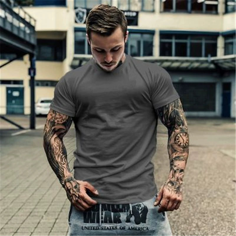 Fitness International Sports Short Sleeve Men's T-shirt Solid Color Pure Cotton Trendy Brand Fitness Muscle Type American Running Training Summer