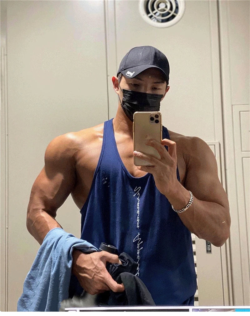 Sports vest, men's sleeveless top, camisole, fitness suit, muscle massage, iron dog, elastic quick drying, cross shaped breathable trendy brand