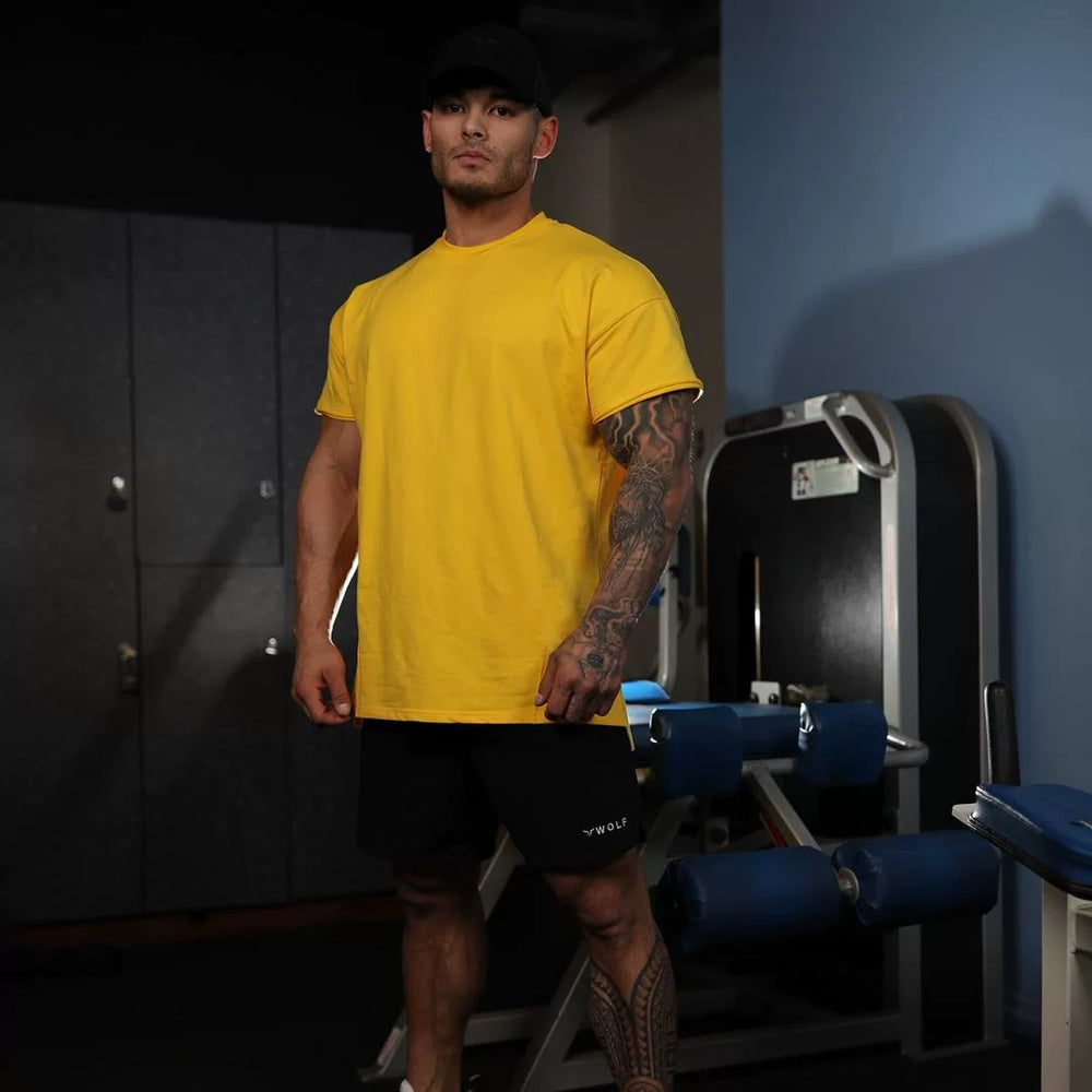 Sports short sleeved men's T-shirt loose fit fitness international solid color Korean version European and American style muscle rolling iron dog American trend plus size