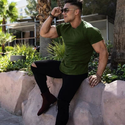 Solid color new sports short sleeved men's T-shirt, fitness stretch muscle training, iron dog brothers, plus size American trendy brand