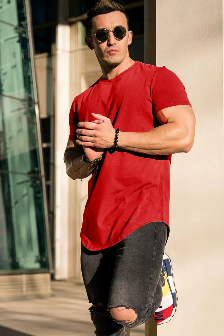 Solid color new sports short sleeved men's T-shirt, fitness stretch muscle training, iron dog brothers, plus size American trendy brand