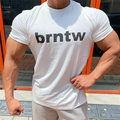 Reflective letter sports short sleeved men's T-shirt trendy brand fitness and leisure round neck muscle type casual iron rolling exercise plus size