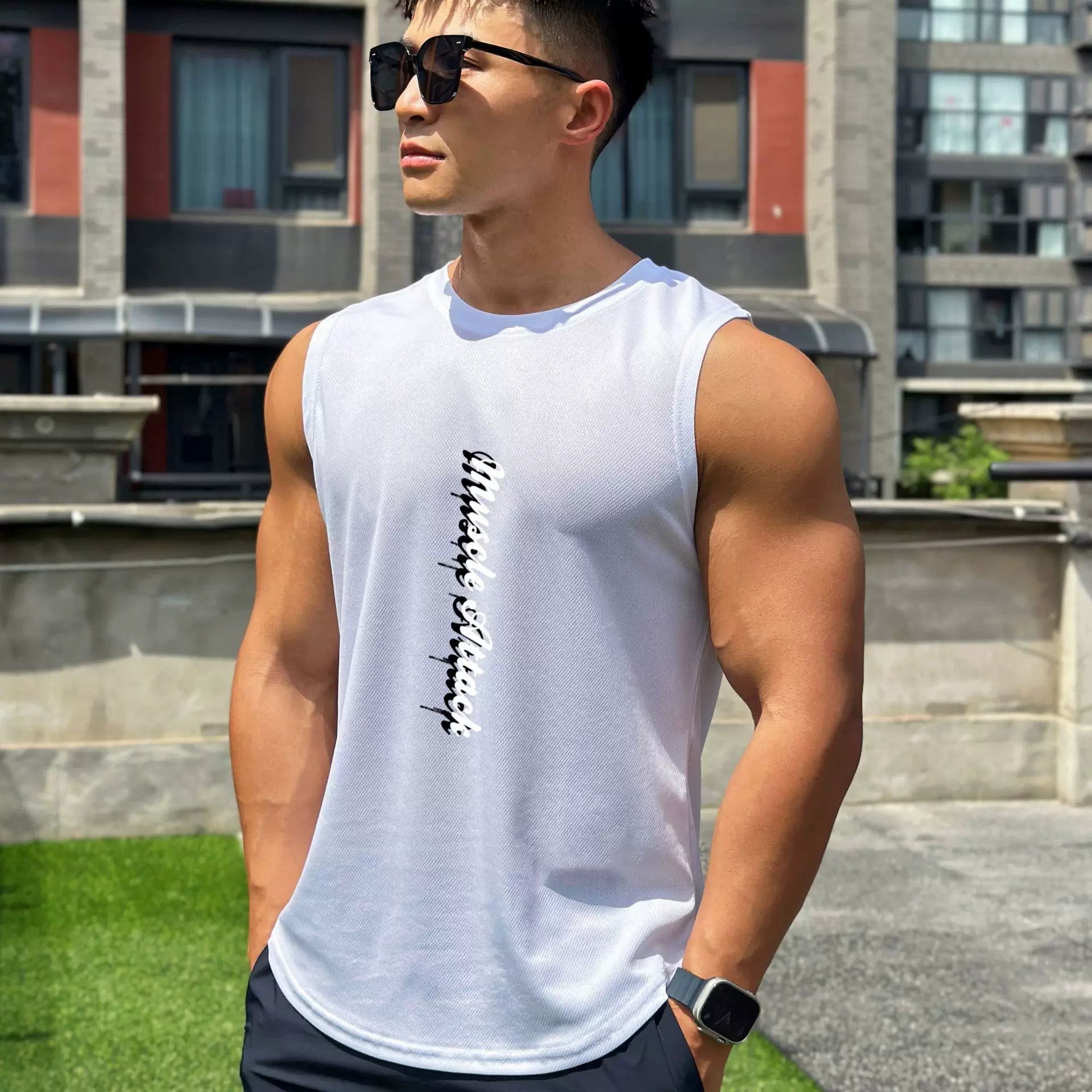 Sports vest for men, quick drying, breathable, elastic sleeveless, camisole, basketball, running, muscle training, fitness, iron dog, trendy brand
