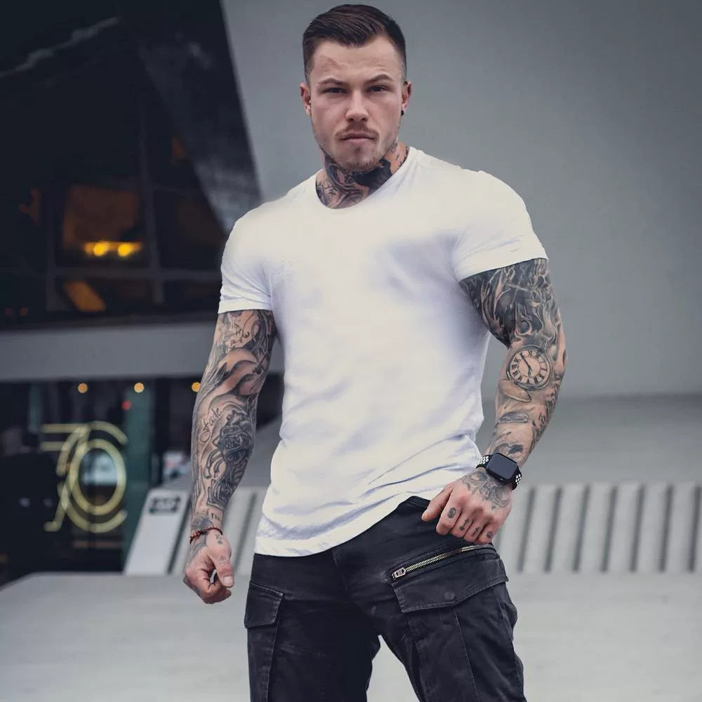 Fitness International Sports Short Sleeve Men's T-shirt Solid Color Pure Cotton Trendy Brand Fitness Muscle Type American Running Training Summer