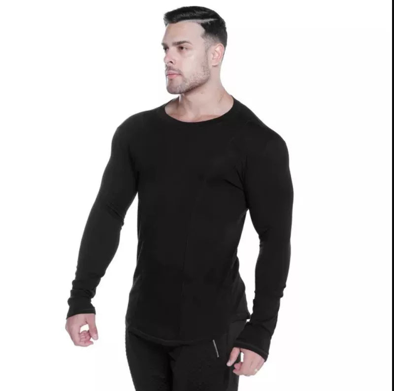 Sports hoodie men's fitness bodysuit long sleeved T-shirt base shirt muscle stretch breathable quick drying American thin plus size