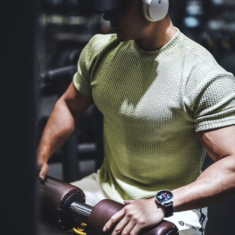 Heavy textured short sleeved men's T-shirt for sports, fitness, round neck, breathable, quick drying, muscle training, iron dog trend brand