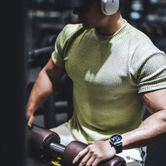 Heavy textured short sleeved men's T-shirt for sports, fitness, round neck, breathable, quick drying, muscle training, iron dog trend brand