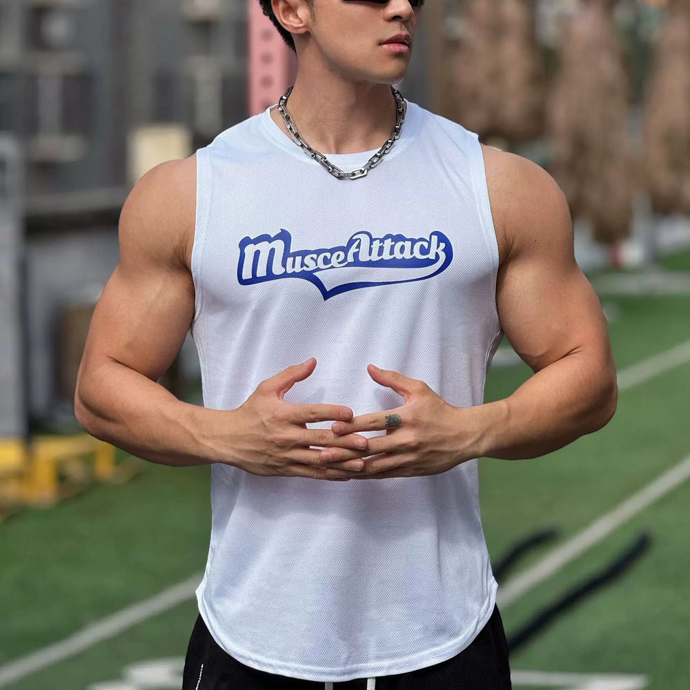 Sports shoulder men's vest sleeveless breathable elastic quick drying fitness suit, running training muscle, iron dog, American trend
