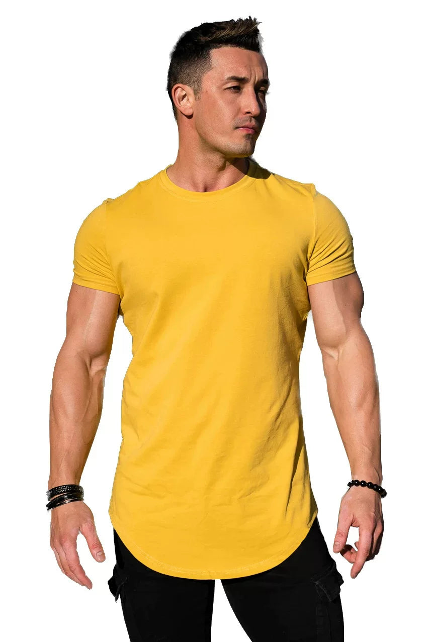 Solid color new sports short sleeved men's T-shirt, fitness stretch muscle training, iron dog brothers, plus size American trendy brand