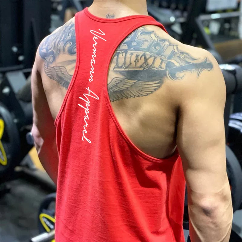 Sports vest, men's sleeveless top, camisole, fitness suit, muscle massage, iron dog, elastic quick drying, cross shaped breathable trendy brand