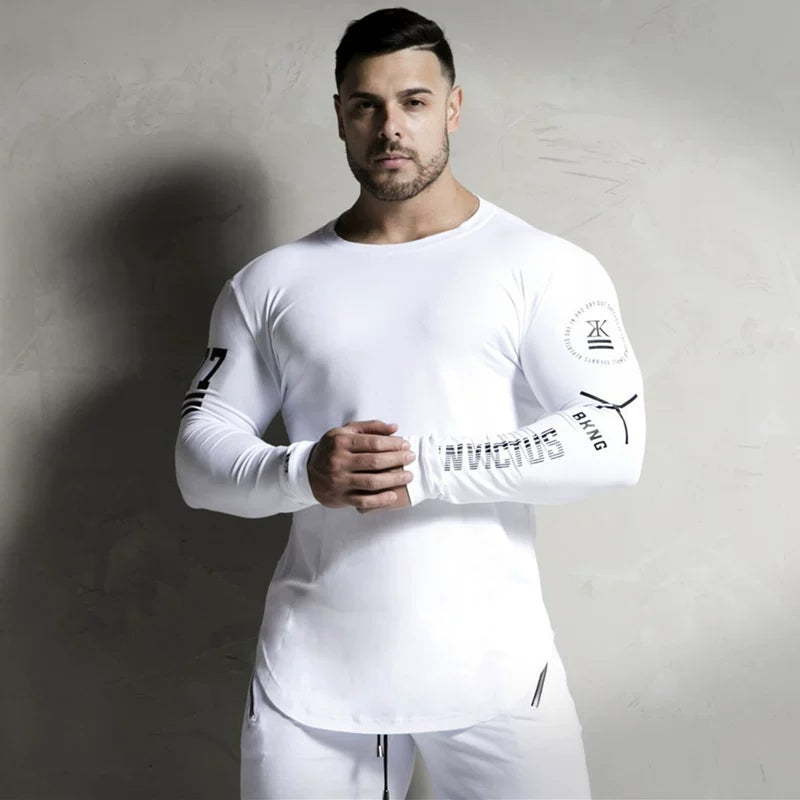 Sports hoodie men's fitness bodysuit long sleeved T-shirt base shirt muscle stretch breathable quick drying American thin plus size