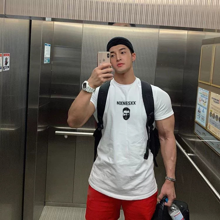 Fitness International Sports Short sleeved Men's T-shirt High Street Ins Super Fire Muscle Training Rolling Iron Running Trendy Brand Leisure Large Size
