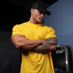 Sports short sleeved men's T-shirt loose fit fitness international solid color Korean version European and American style muscle rolling iron dog American trend plus size