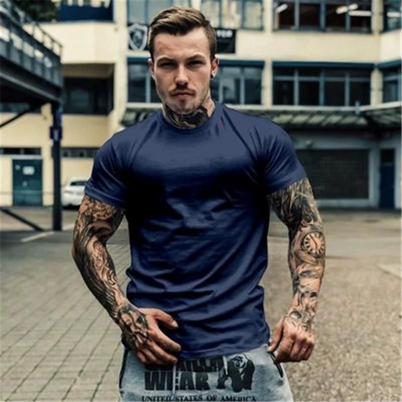 Fitness International Sports Short Sleeve Men's T-shirt Solid Color Pure Cotton Trendy Brand Fitness Muscle Type American Running Training Summer