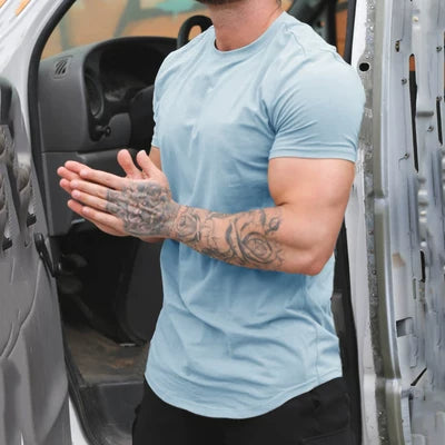 Solid color new sports short sleeved men's T-shirt, fitness stretch muscle training, iron dog brothers, plus size American trendy brand