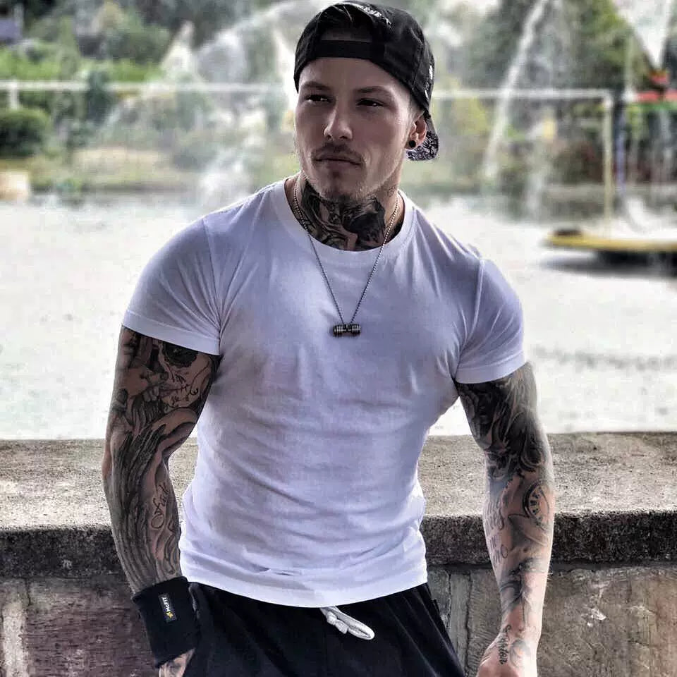 Fitness International Sports Short Sleeve Men's T-shirt Solid Color Pure Cotton Trendy Brand Fitness Muscle Type American Running Training Summer