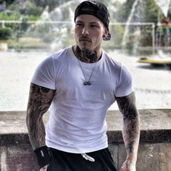 Fitness International Sports Short Sleeve Men's T-shirt Solid Color Pure Cotton Trendy Brand Fitness Muscle Type American Running Training Summer