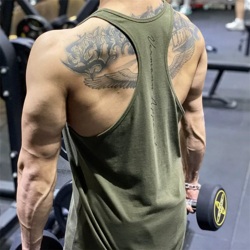 Sports vest, men's sleeveless top, camisole, fitness suit, muscle massage, iron dog, elastic quick drying, cross shaped breathable trendy brand