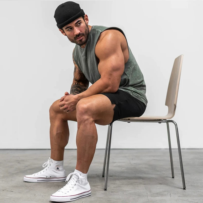 Fitness International Sports Tank Top Men's Shoulder Sleeveless T-shirt Muscle American Iron Training Running Trendy Brand Large Size