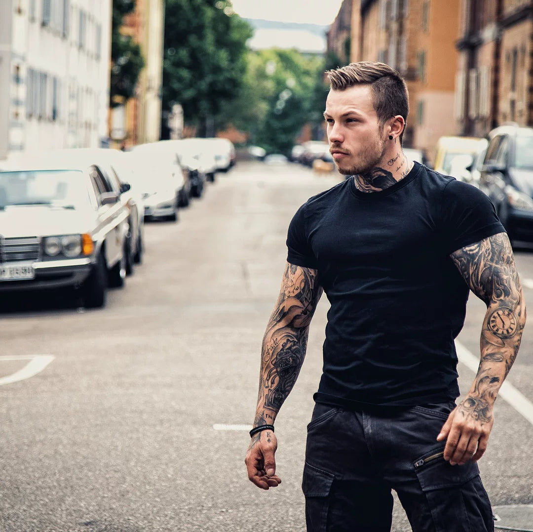 Fitness International Sports Short Sleeve Men's T-shirt Solid Color Pure Cotton Trendy Brand Fitness Muscle Type American Running Training Summer