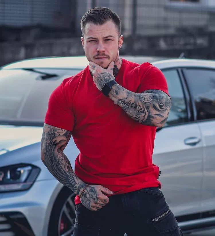 Fitness International Sports Short Sleeve Men's T-shirt Solid Color Pure Cotton Trendy Brand Fitness Muscle Type American Running Training Summer