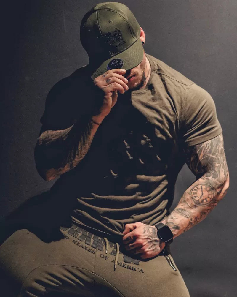 Fitness International Sports Short Sleeve Men's T-shirt Solid Color Pure Cotton Trendy Brand Fitness Muscle Type American Running Training Summer
