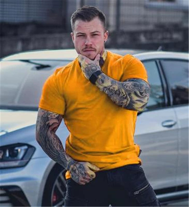 Fitness International Sports Short Sleeve Men's T-shirt Solid Color Pure Cotton Trendy Brand Fitness Muscle Type American Running Training Summer
