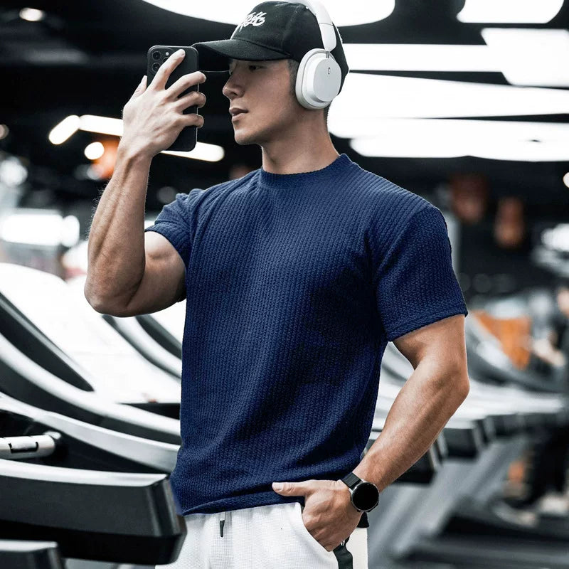 Heavy textured short sleeved men's T-shirt for sports, fitness, round neck, breathable, quick drying, muscle training, iron dog trend brand