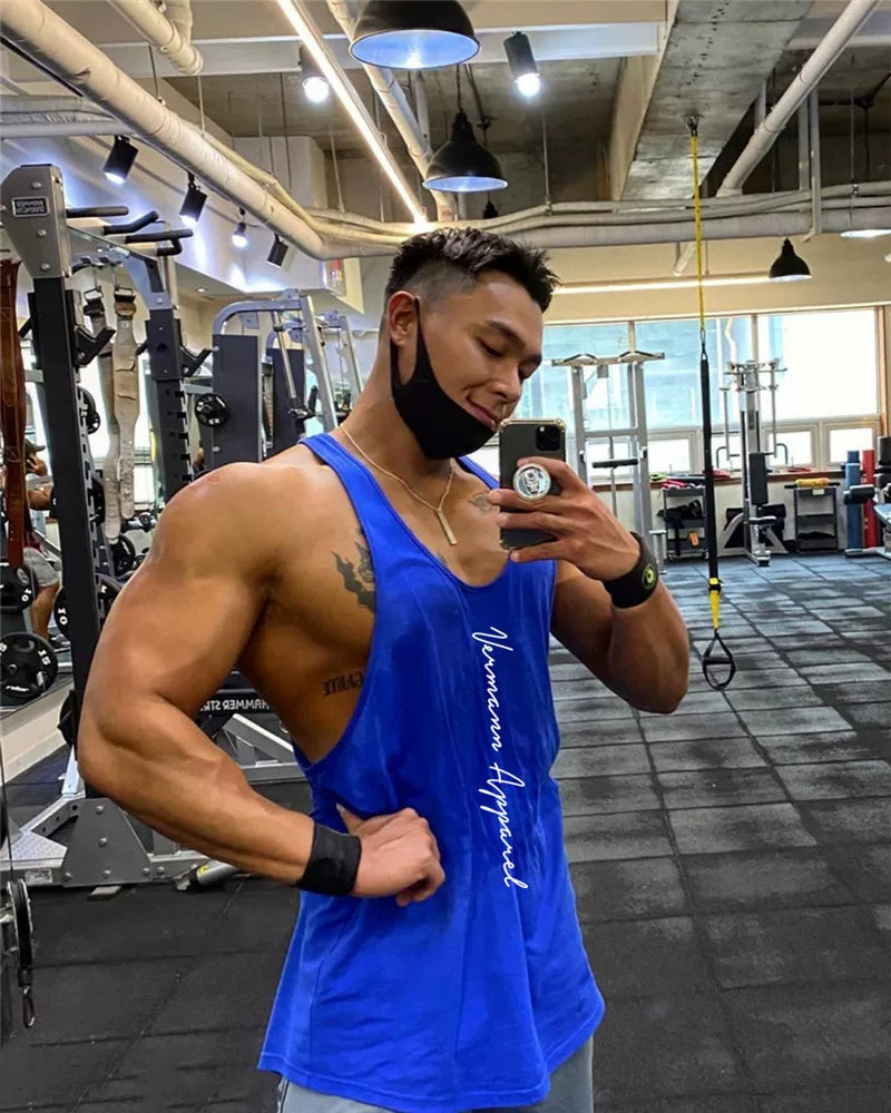 Sports vest, men's sleeveless top, camisole, fitness suit, muscle massage, iron dog, elastic quick drying, cross shaped breathable trendy brand