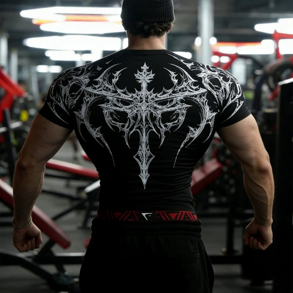 Sports short sleeved men's T-shirt, American trendy brand fitness, muscle massage, iron dog exercise, quick drying, breathable, elastic running, tight fitting