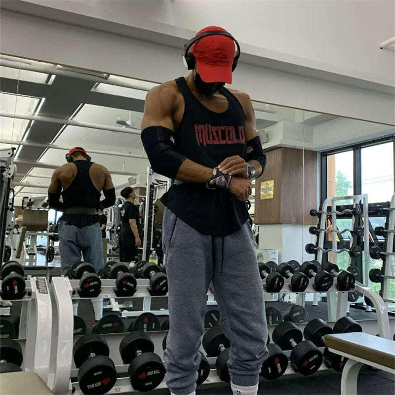 New Summer Sports Tank Top Men's Fitness Shirt Running Training Muscle Fitness Gym Roll Iron Dog Trendy Brand Brother Breathable