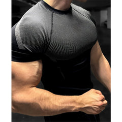 American fashion brand short sleeved men's round neck raglan sleeves, quick drying, breathable, elastic, sports, fitness, muscle massage, iron dog brothers
