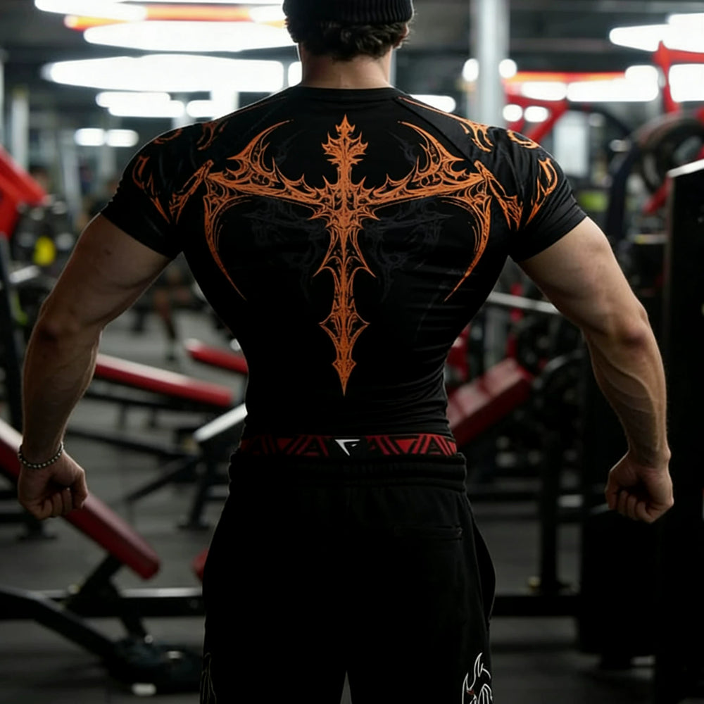 Sports short sleeved men's T-shirt, American trendy brand fitness, muscle massage, iron dog exercise, quick drying, breathable, elastic running, tight fitting