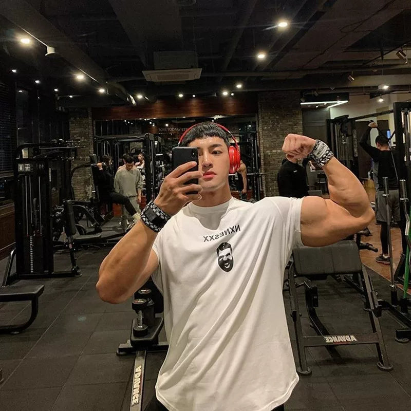Fitness International Sports Short sleeved Men's T-shirt High Street Ins Super Fire Muscle Training Rolling Iron Running Trendy Brand Leisure Large Size