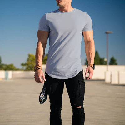 Solid color new sports short sleeved men's T-shirt, fitness stretch muscle training, iron dog brothers, plus size American trendy brand